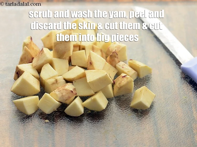 Step 38 – <p>Similarly, scrub and wash the <a href="https://www.tarladalal.com/glossary-yam-ratalu-suran-jimikand-485i"><u>yam (suran)</u></a>, peel and discard the skin &amp; cut …