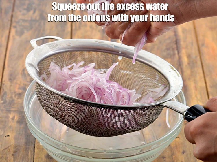 Step 4 – <p>Squeeze out the excess water from the onions with your hands. If the onions have …