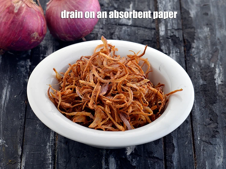 Step 22 – <p><strong>Drain</strong> on an absorbent paper, let the fried onions cool completely. Keep aside for garnishing …