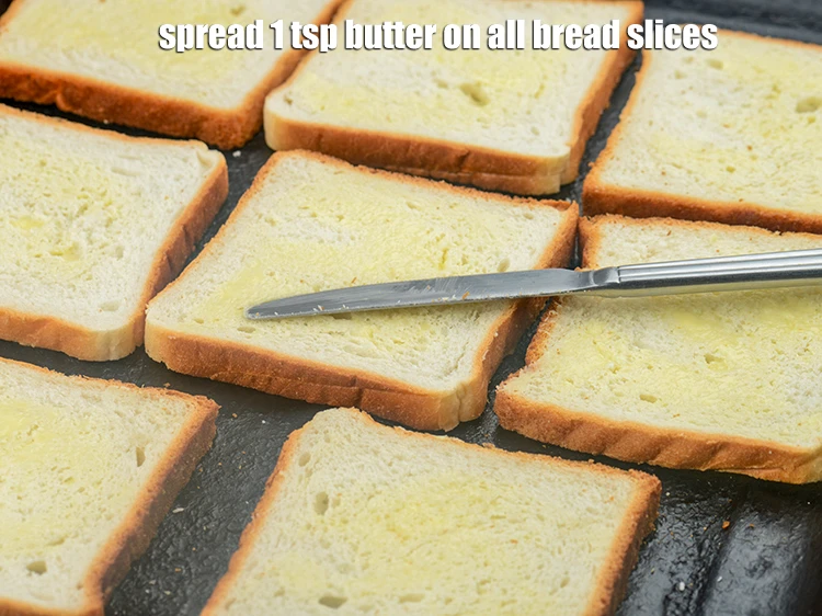 Step 12 – <p>Spread 1 tsp <a href="https://www.tarladalal.com/glossary-butter-makhan-233i">butter</a>&nbsp;on all bread slices.&nbsp;</p>