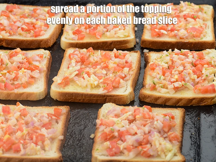 Step 18 – <p><span style="background-color:rgb(255,255,255);color:rgb(0,0,0);">Spread a portion of the <strong>topping</strong> evenly on each baked bread slice.</span></p>