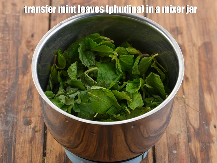 Step 20 – <p><span style="background-color:rgb(255,255,255);color:rgb(0,0,0);">Put the </span>1/2 cup <a href="https://www.tarladalal.com/glossary-mint-leaves-pudina-phudina-521i"><u>mint leaves (pudina)</u></a><span style="background-color:rgb(255,255,255);color:rgb(0,0,0);"> in a mixer jar.</span></p>