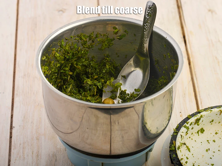 Step 21 – <p><span style="background-color:rgb(255,255,255);color:rgb(0,0,0);">Add 2 tsp of water. Blend till coarse. The mint mixture is ready.</span></p>