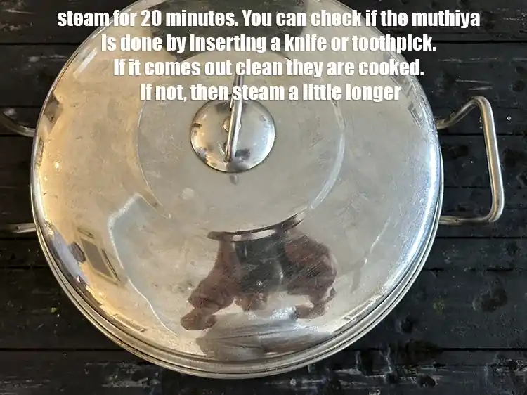 Step 25 – <p>Steam for <strong>20 minutes.</strong> You can check if the muthiya are done &nbsp;by inserting a …