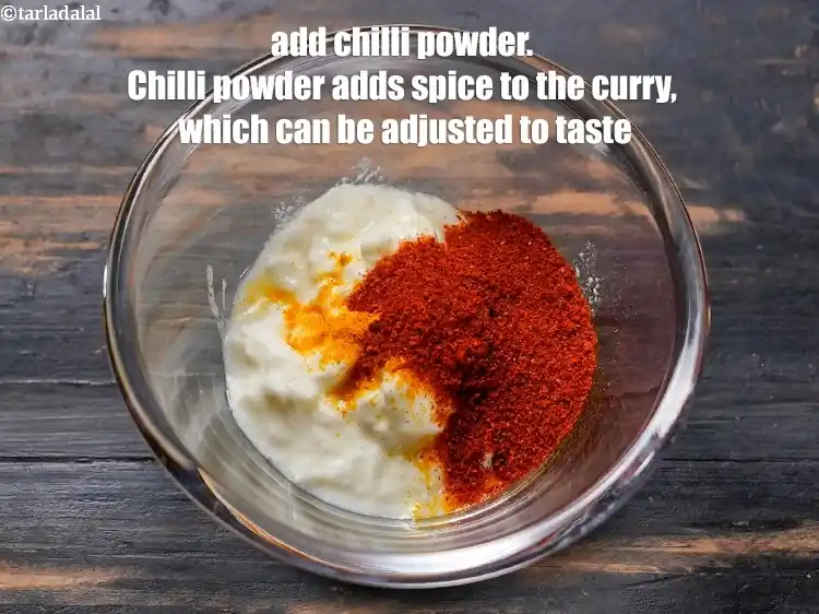Step 9 – <p>Add 1½ tsp&nbsp;<a href="https://www.tarladalal.com/glossary-chilli-powder-red-chilli-powder-339i">chilli powder</a>. Chilli powder adds spice to the curry, which can be …