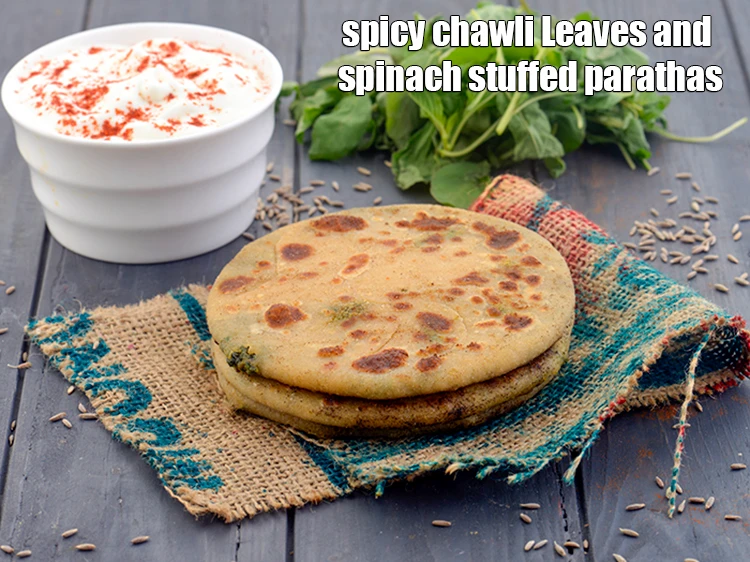 Step 20 – <p>Serve <strong>Spicy Chawli Leaves and Spinach Stuffed Parathas</strong> immediately with <a href="https://www.tarladalal.com/glossary-curd-dahi-yogurt-yoghurt-383i"><u>curd (dahi)</u></a><u>.</u></p>
