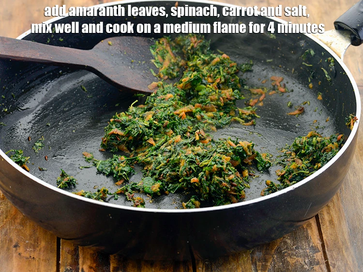 Step 9 – <p>Add the 1 cup <a href="https://www.tarladalal.com/glossary-green-chawli-leaves-cow-peas-leaves-chawli-ke-patte-amaranth-leaves-191i#ing_2557"><u>chopped green chawli (amaranth) leaves</u></a>, 1/2 cup <a href="https://www.tarladalal.com/glossary-spinach-palak-255i#ing_2362"><u>chopped spinach …