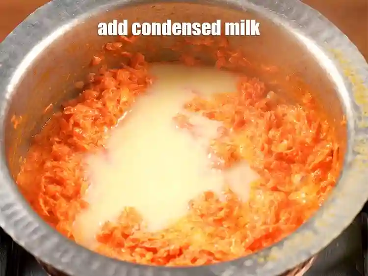 Step 10 – <p>Add ½ cup <a href="https://www.tarladalal.com/glossary-condensed-milk-672i">condensed milk</a>.</p>