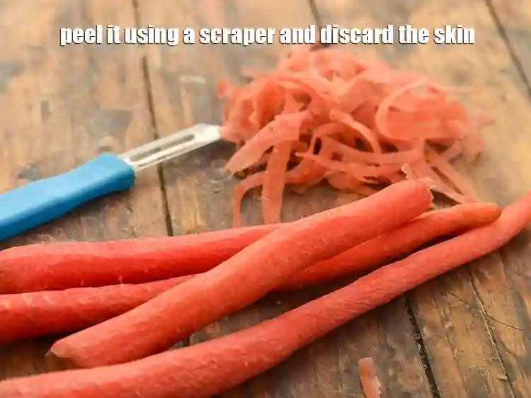 Step 2 – <p>Wash the carrot with water and peel the carrot using a peeler.</p>