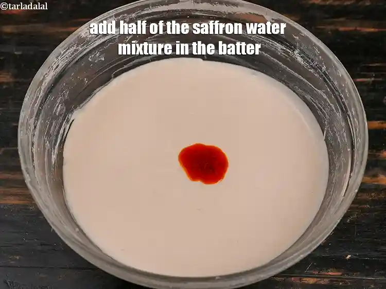 Step 13 – <p>Once fermented, add half of the saffron water mixture in the batter.</p>