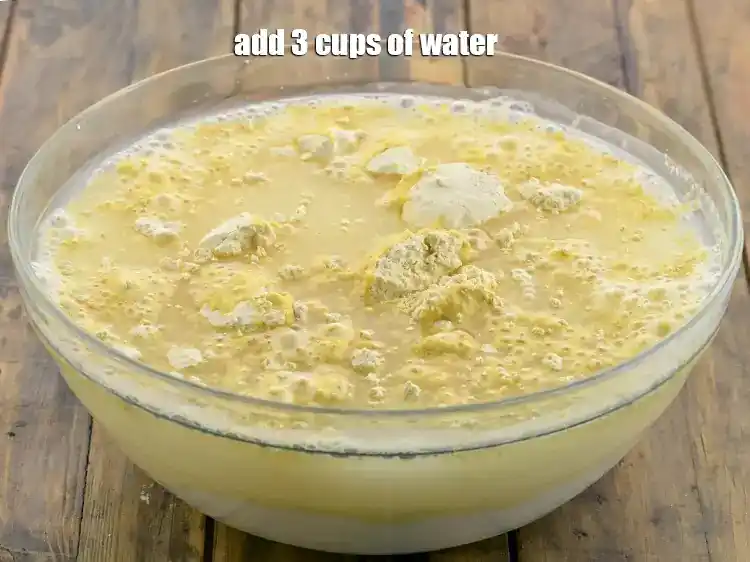 Step 3 – <p>Add 3 cups of <strong>water</strong>. If you like thick texture of <strong>Gujarati kadhi</strong>, then increase …
