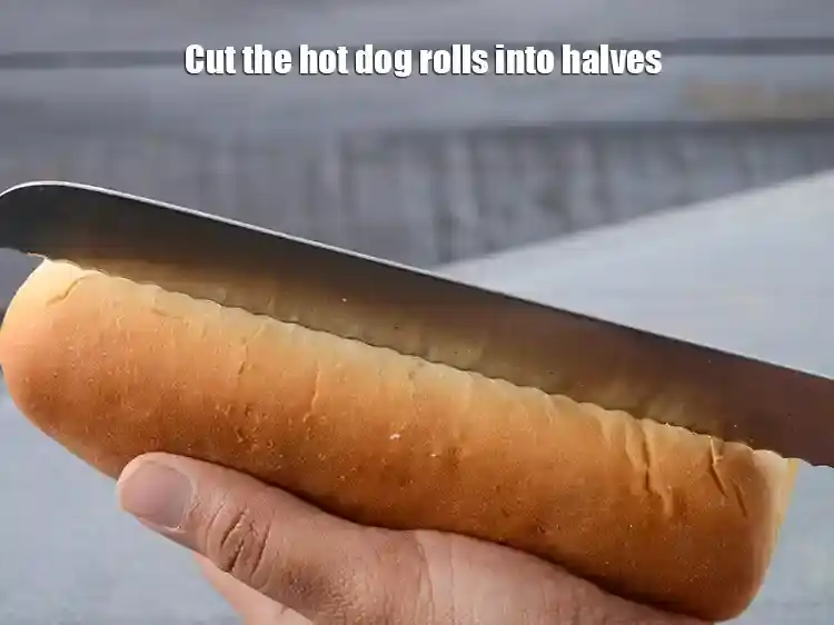 Step 6 – <p>Cut the hot dog rolls into halves. You will get 8 pieces in all.</p>