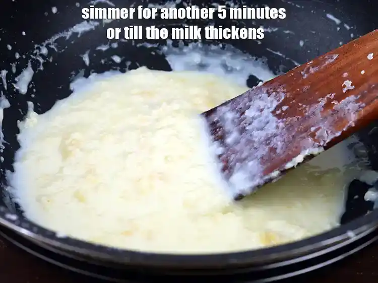 Step 23 – <p><span style="background-color:rgb(255,255,255);color:rgb(0,0,0);">Simmer for another 5 minutes or till the milk thickens. Keep aside.</span></p>