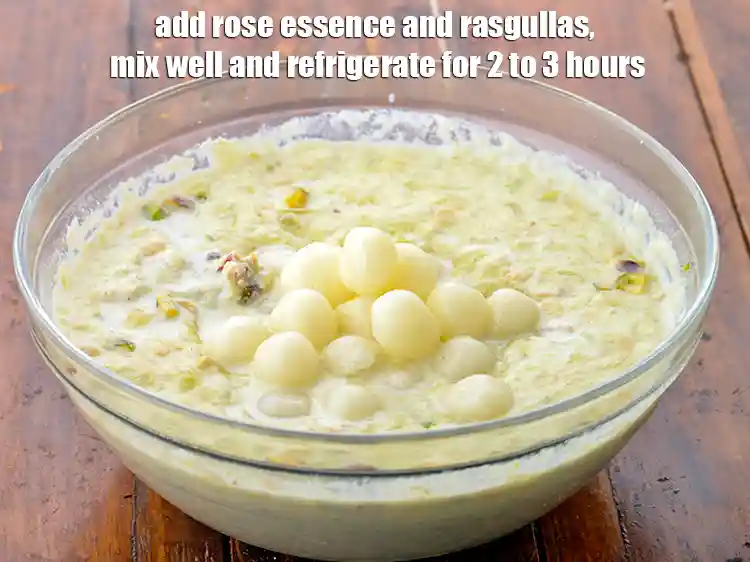 Step 6 – <p>Add the 3 drops of <a href="https://www.tarladalal.com/glossary-rose-essence-408i"><u>rose essence</u></a> and 3/4 cup <a href="https://www.tarladalal.com/rasgulla-mithai-bengali-style-rasgulla-2005r"><u>mini rasgullas</u></a>, 1/4 …