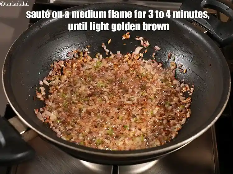 Step 31 – <p>Sauté on a medium flame for 3 to 4 minutes, until light golden brown.</p>