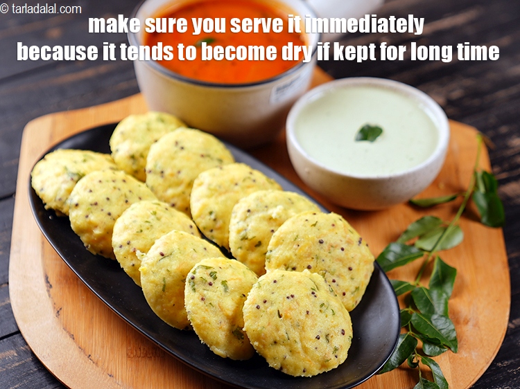 Step 32 – <p>Serve the <strong>moong dal idlis</strong> immediately with sambhar and coconut chutney.&nbsp;</p>