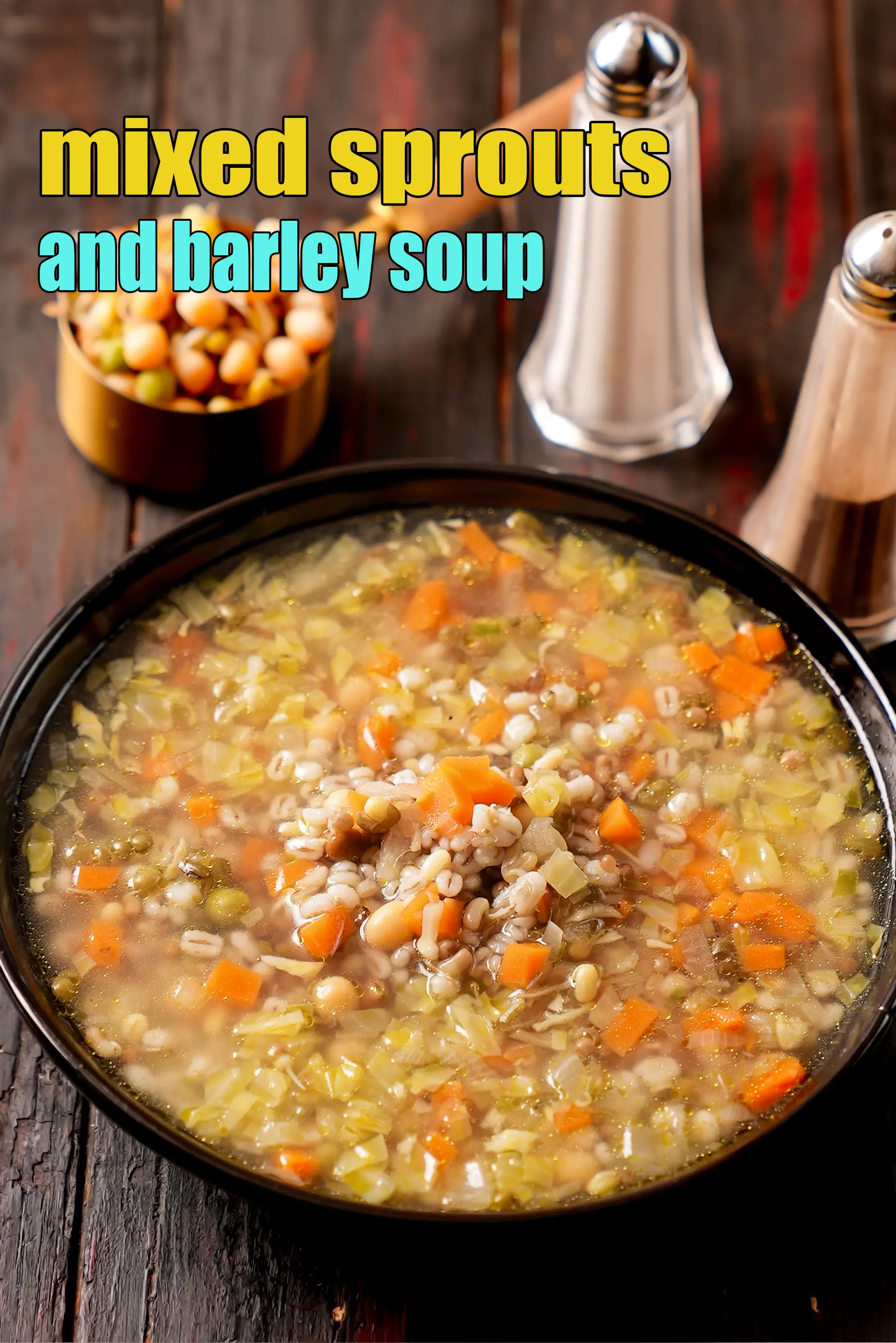 mixed sprouts and barley soup recipe |  nourishing sprout and barley broth | protein rich sprouts and barley Indian soup |