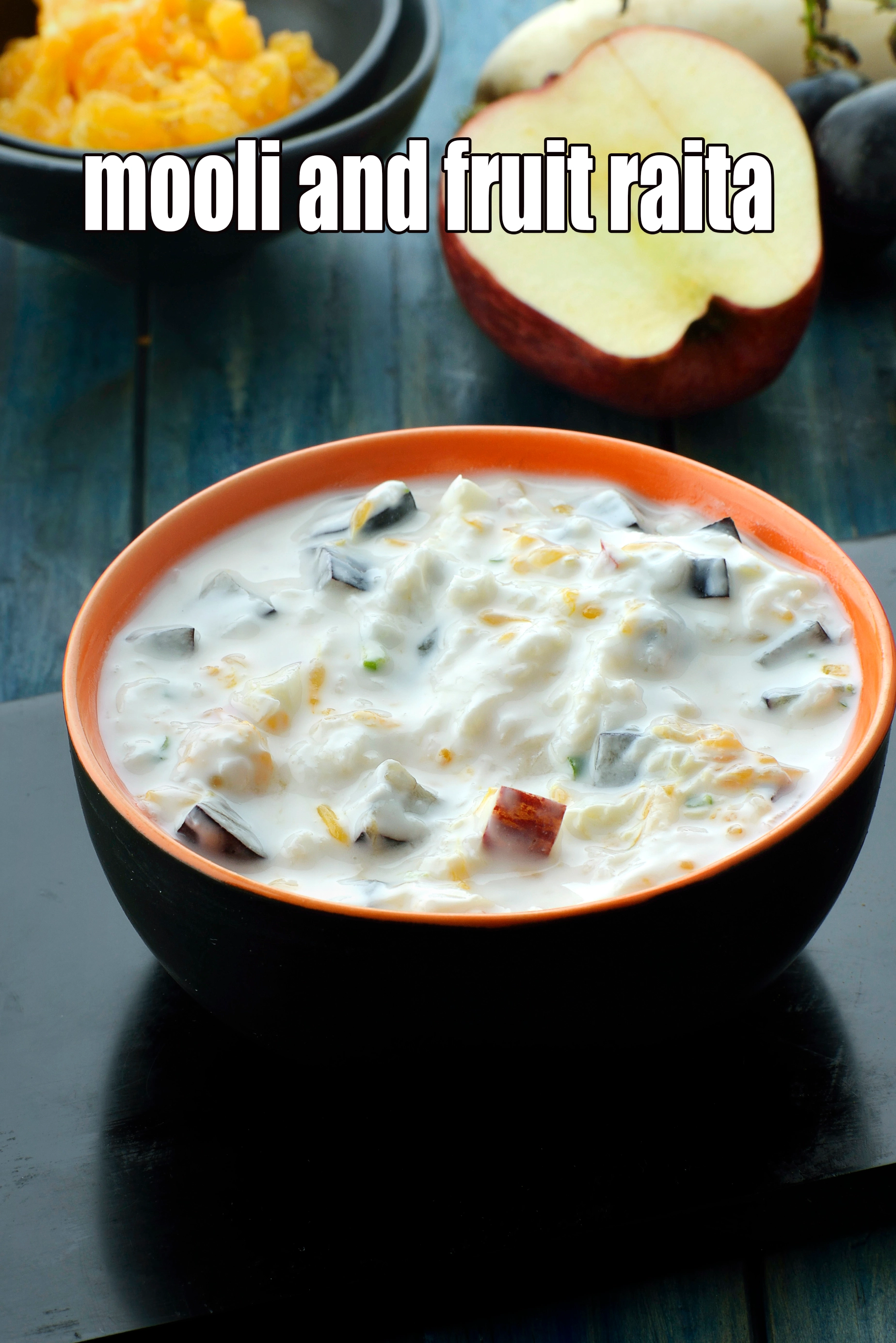 mooli and fruit raita recipe | spiced yogurt raita with radish | healthy mooli fruit raita |