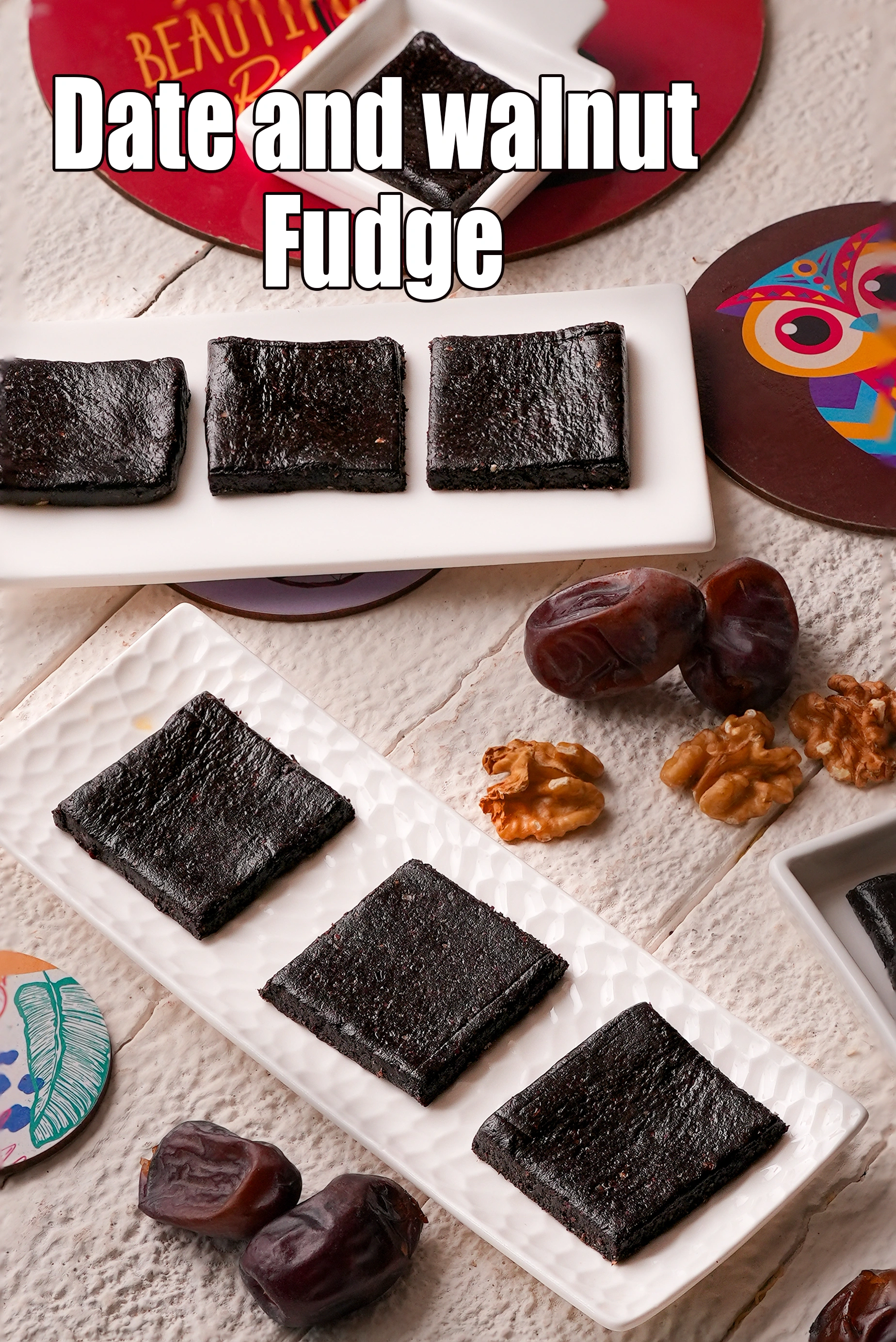 Date and Walnut Fudge recipe | healthy chocolate fudge | dates, cocoa powder and walnut squares | no sugar Indian fudge |