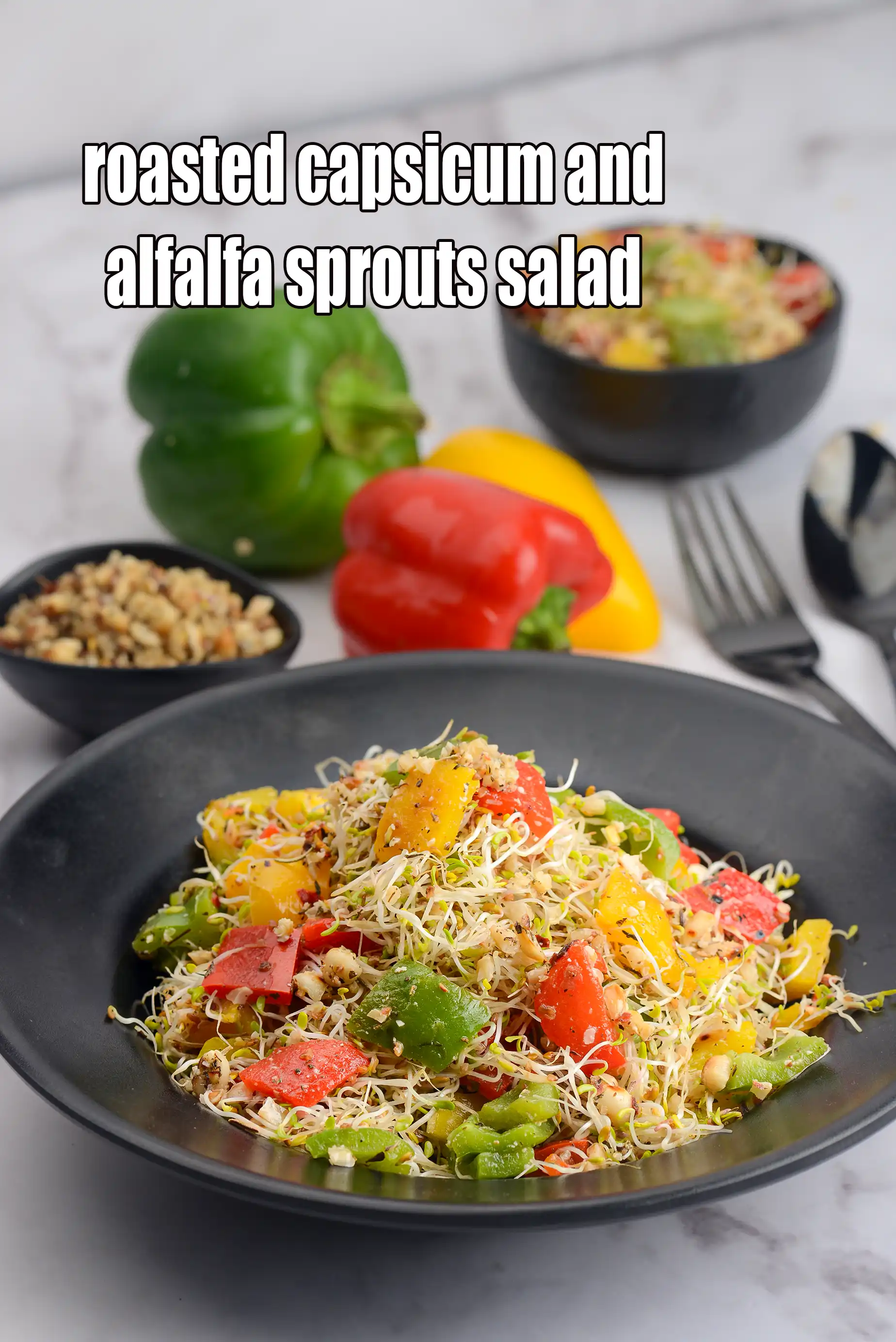 roasted capsicum and alfalfa sprouts salad recipe | bell peppers and sprouts salad | healthy sprouts and capsicum salad |