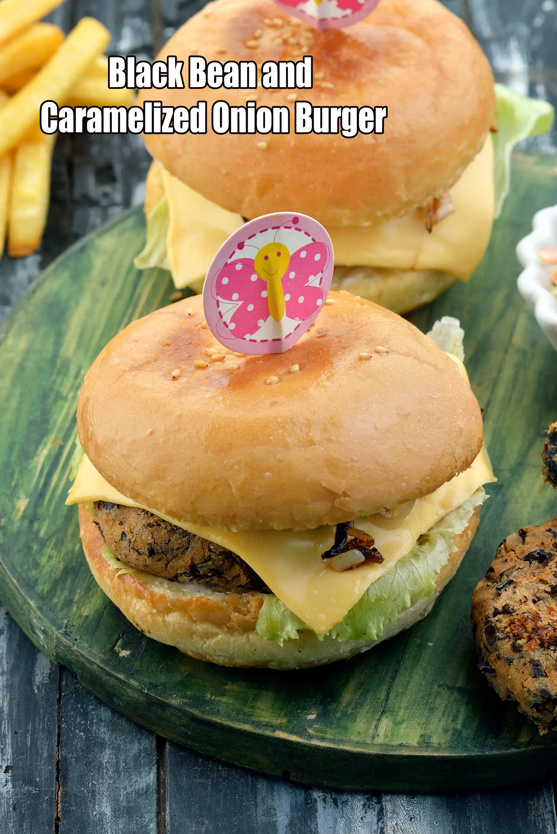 Black Bean and Caramelized Onion Burger | Desi Mexican Black Bean Burger |  Masala Black Bean & Onion Cheese Burger |