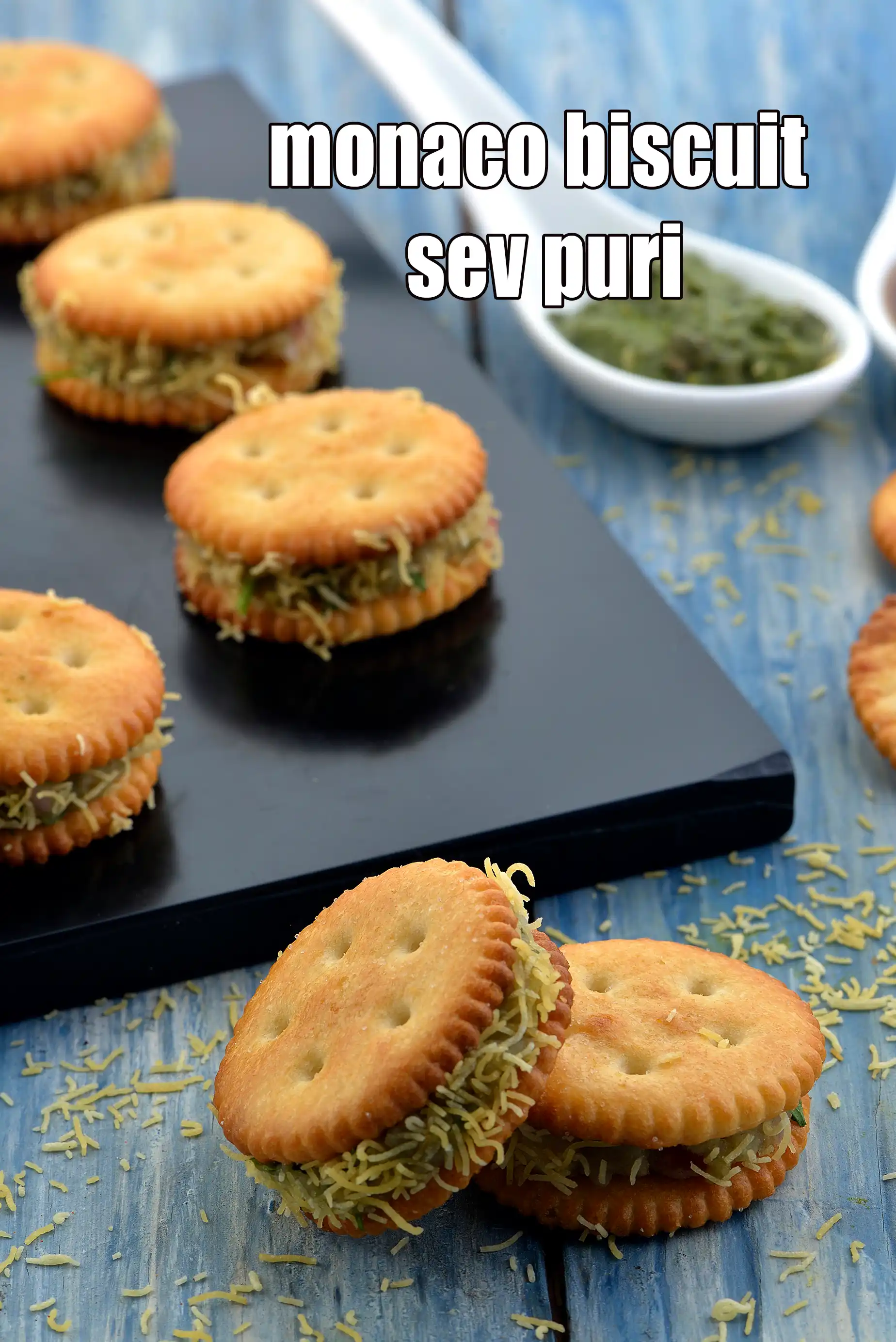 Stuffed Monaco Biscuit Sev Puri recipe, salted biscuit sev puri