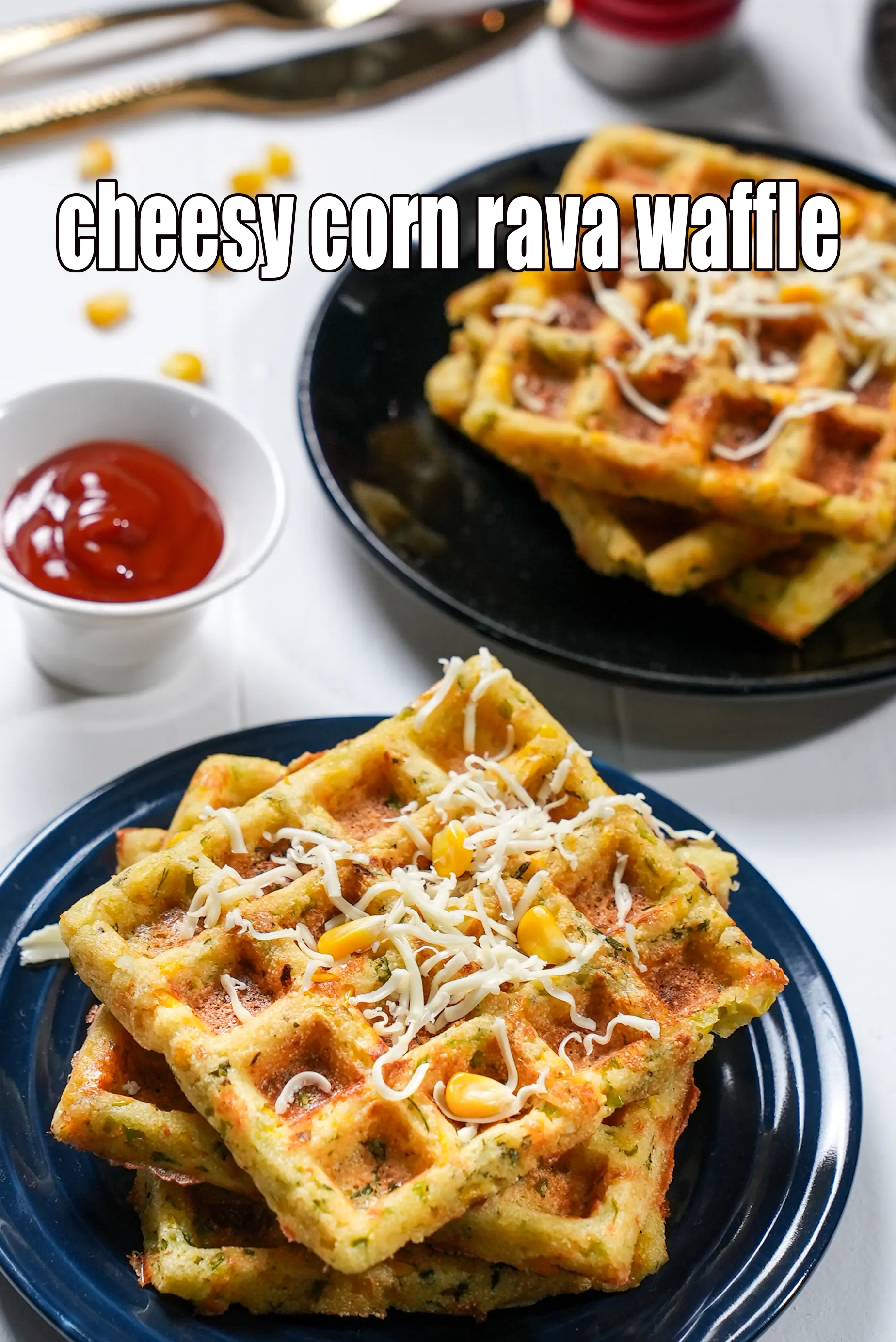 Cheesy Corn Rava Waffles recipe