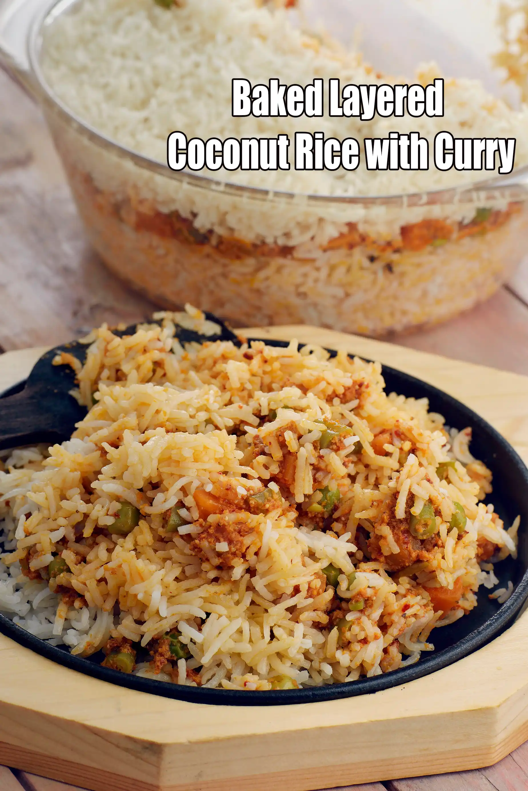 Baked Layered Coconut Rice with Curry recipe, Saatvik Recipes