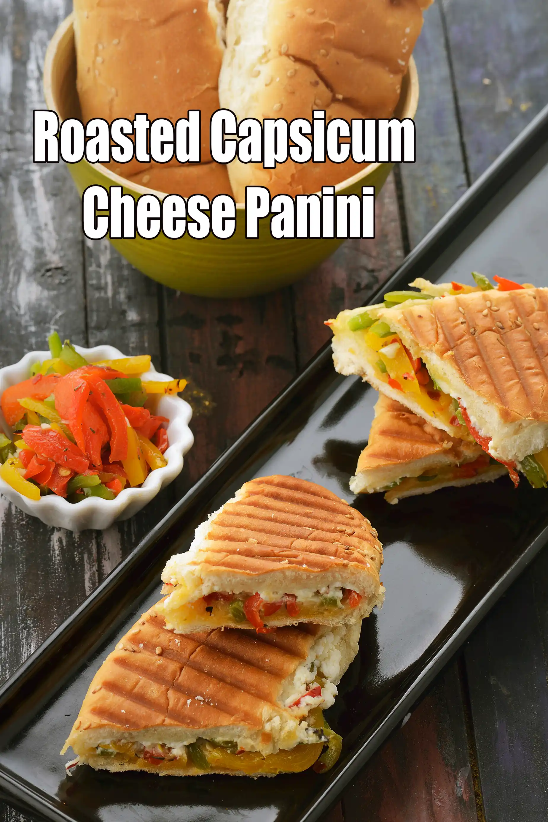 Roasted Capsicum Cheese Panini | vegetable feta cheese hot sandwich | Indian grilled feta capsicum sandwich |
