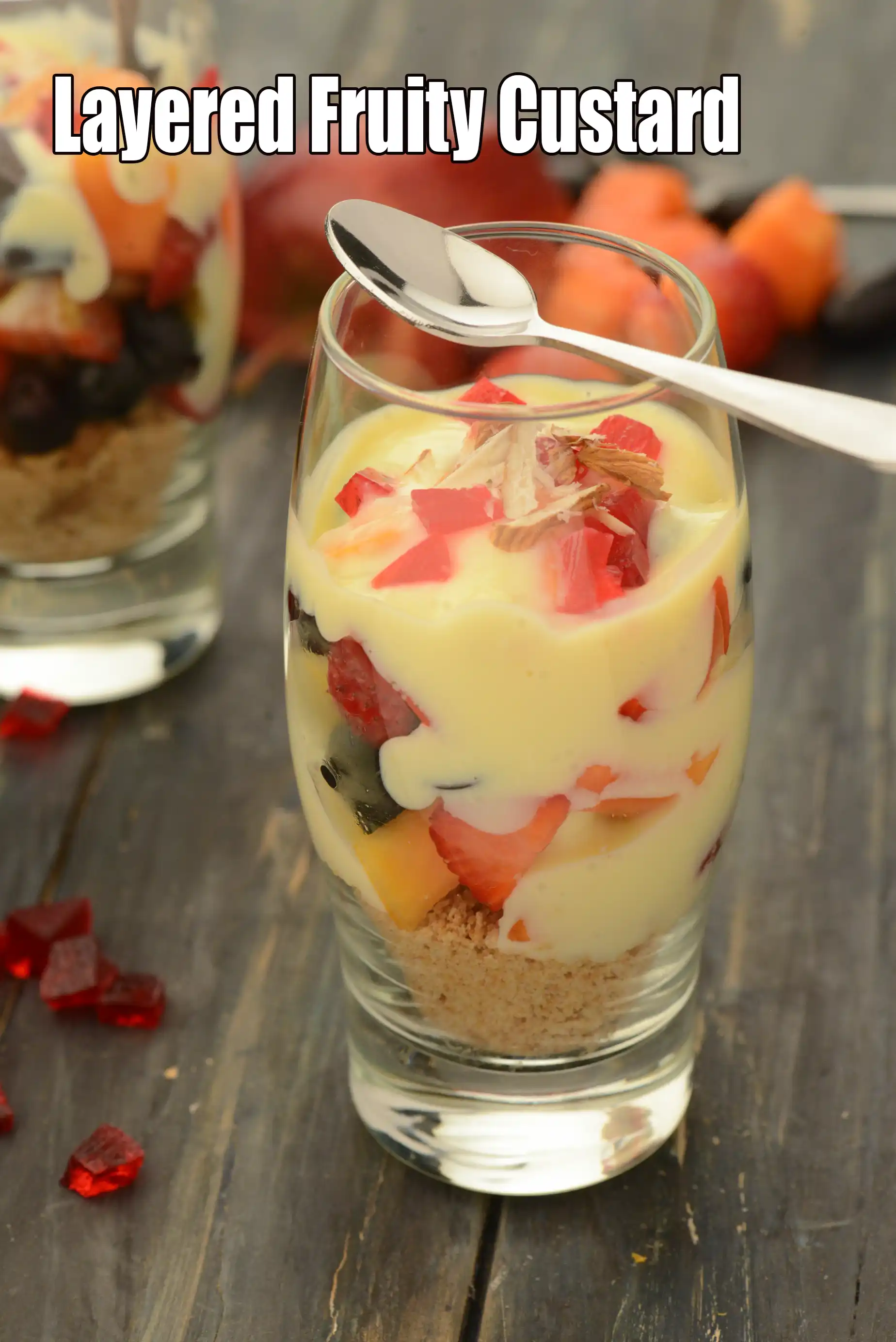 layered  fruit custard | eggless fruit custard | Indian fruit custard | digestive biscuit custard | vanilla custard dessert |