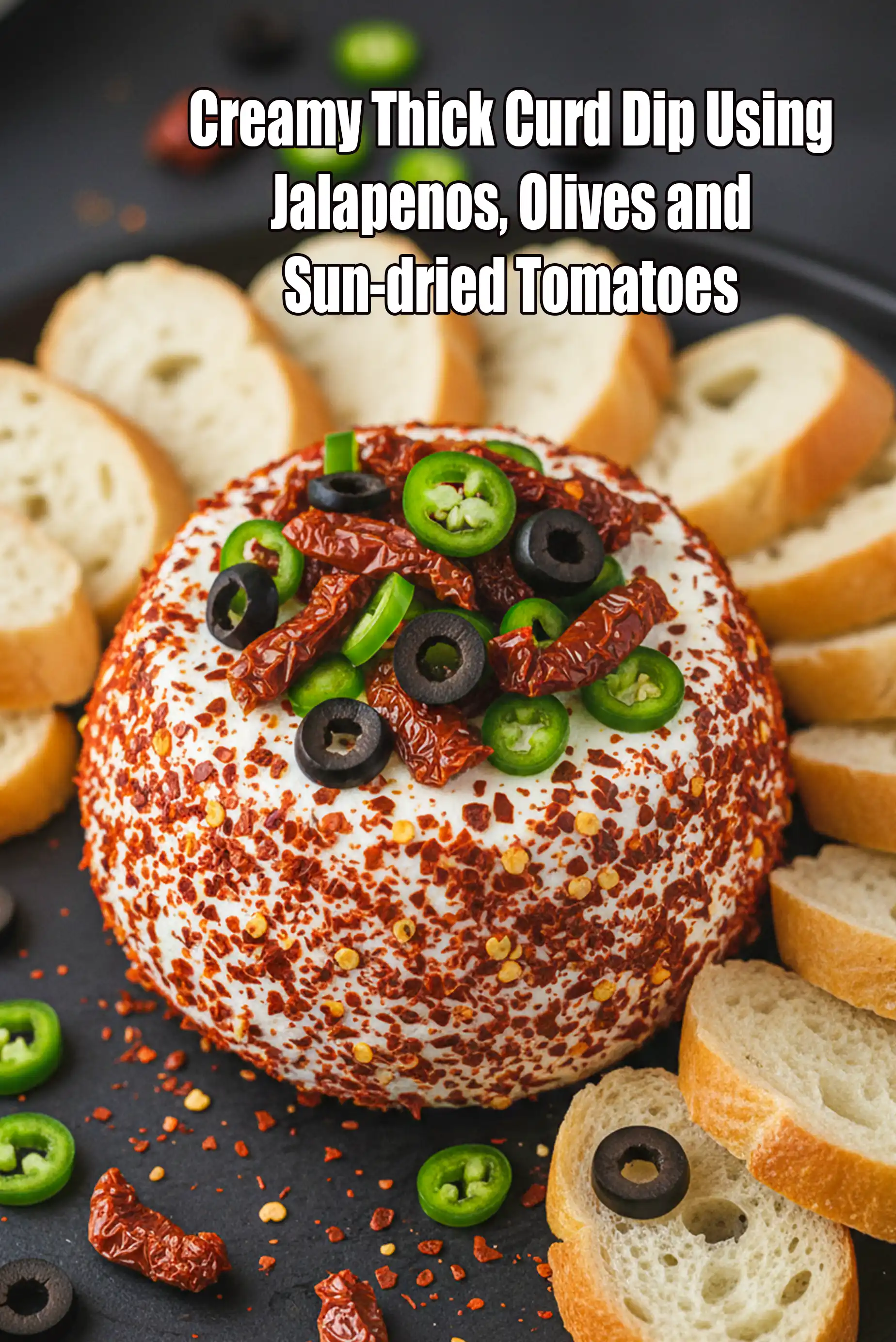 Creamy Thick Curd Dip Using Jalapenos, Olives and Sun-dried Tomatoes recipe