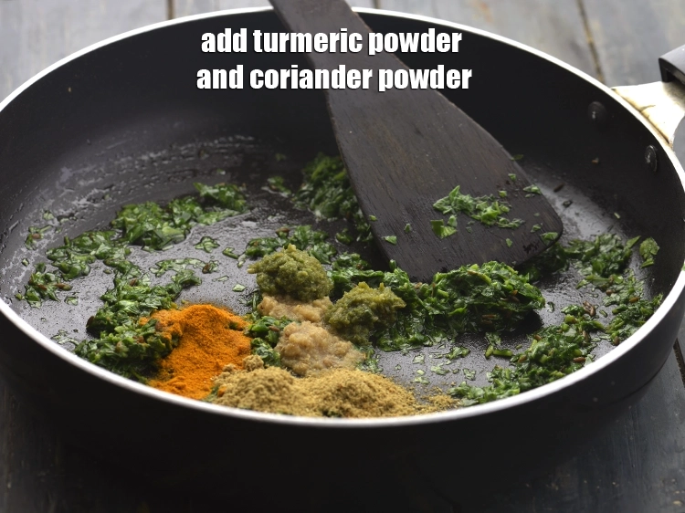 Step 14 – <p>હળદર પાવડર અને ધાણા પાવડર ઉમેરો. Add the turmeric powder and coriander powder.</p>