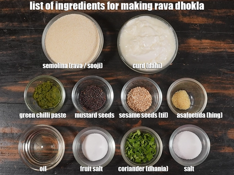 Step 1 – <p><i><u>રવા ઢોકળા બનાવવા માટેની સામગ્રીની યાદી નીચે આપેલ છબીમાં જુઓ.</u></i></p>