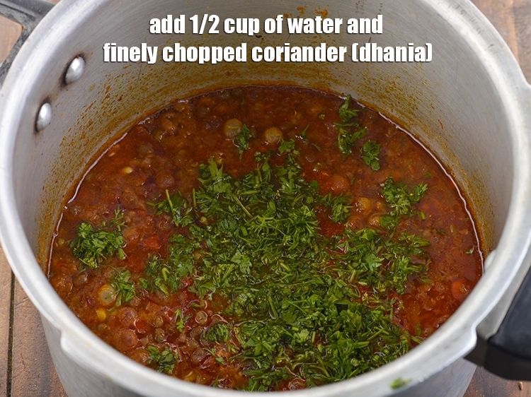 Step 28 – <p>૧/૨ કપ પાણી અને કોથમીર ઉમેરો. પાણી તમે મિસલ કેટલી પાતળી બનાવવા માંગો છો તેના …