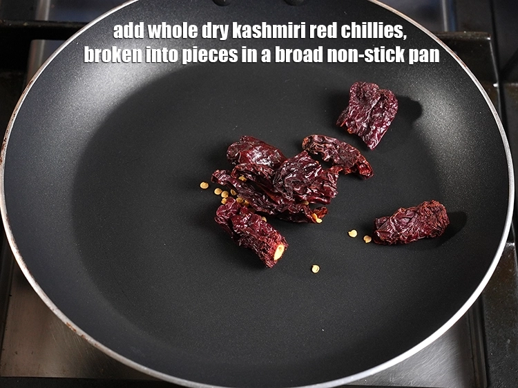 Step 3 – <p>માલવાણી મસાલાની પેસ્ટ માટે, એક પહોળા નોન-સ્ટીક પેનમાં 4 આખા સૂકા કાશ્મીરી લાલ મરચાંના ટુકડા …