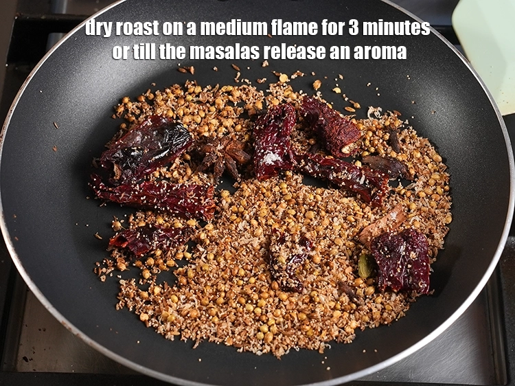 Step 14 – <p>મધ્યમ તાપ પર ૩ મિનિટ સુધી અથવા મસાલામાંથી સુગંધ આવે ત્યાં સુધી સૂકા શેકો. Dry …