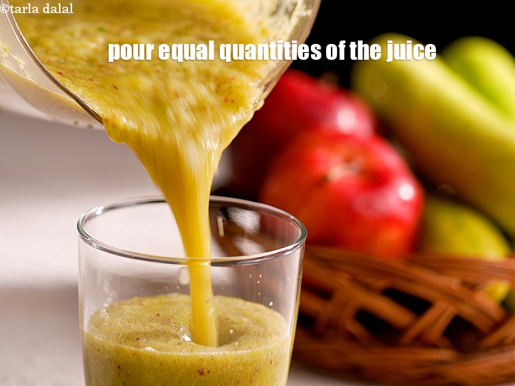 Step 8 – <p>2 મોટા કે 4 નાના ગ્લાસમાં સમાન માત્રામાં રસ રેડો. Pour equal quantities of the …