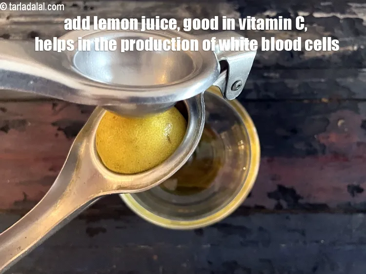 Step 11 – <p>૧ ટેબલસ્પૂન લીંબુનો રસ ઉમેરો. લીંબુ, લીંબુનો રસ વિટામિન સીનો ખૂબ જ સારો સ્ત્રોત છે …