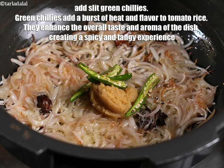 Step 12 – <p>૨ કાપેલા <a href="https://www.tarladalal.com/glossary-green-chillies-hari-mirch-gujarati-331i"><u>લીલું મરચું (green chillies)</u></a> ઉમેરો. લીલા મરચા ટામેટાના ભાતમાં ગરમી અને સ્વાદનો …