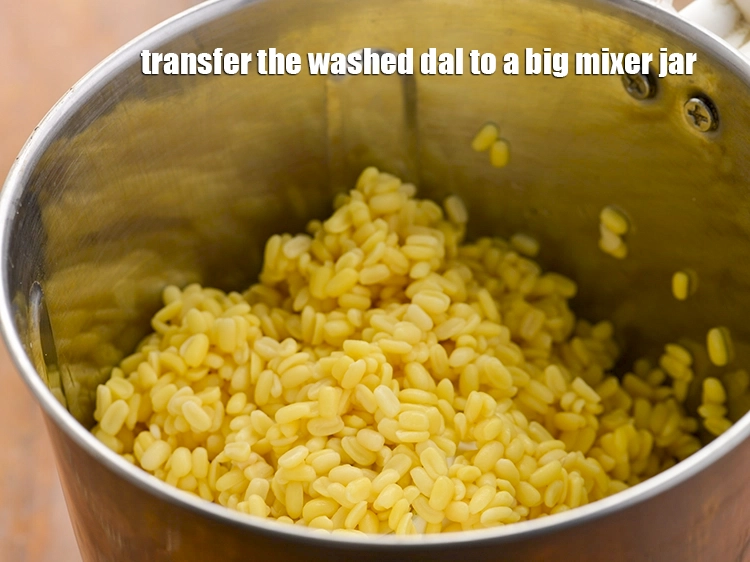 Step 3 – <p style="margin-left:0px;">ધોયેલી દાળને એક મોટા મિક્સર જારમાં ટ્રાન્સફર કરો. તમે લીલી મૂંગ દાળનો ઉપયોગ પણ …
