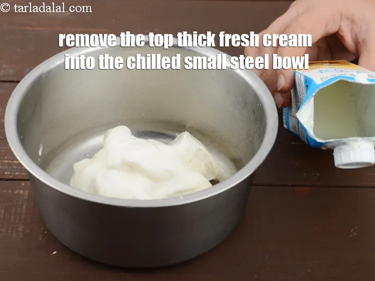 Step 6 – <p>ઉપરની જાડી ફ્રેશ ક્રીમને ઠંડા નાના સ્ટીલના બાઉલમાં ધીમેધીમે કાઢી લો. જાડી ક્રીમને પાતળા ક્રીમથી …