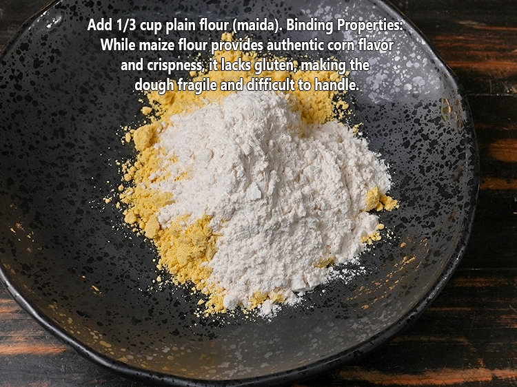 Step 2 – <p><span style="background-color:rgb(255,255,255);color:rgb(0,0,0);">1/3 કપ </span><a href="https://www.tarladalal.com/glossary-plain-flour-maida-gujarati-188i"><u>મેંદો (plain flour , maida)</u></a> ઉમેરો. બંધનકર્તા ગુણધર્મો: જ્યારે મકાઈનો લોટ …