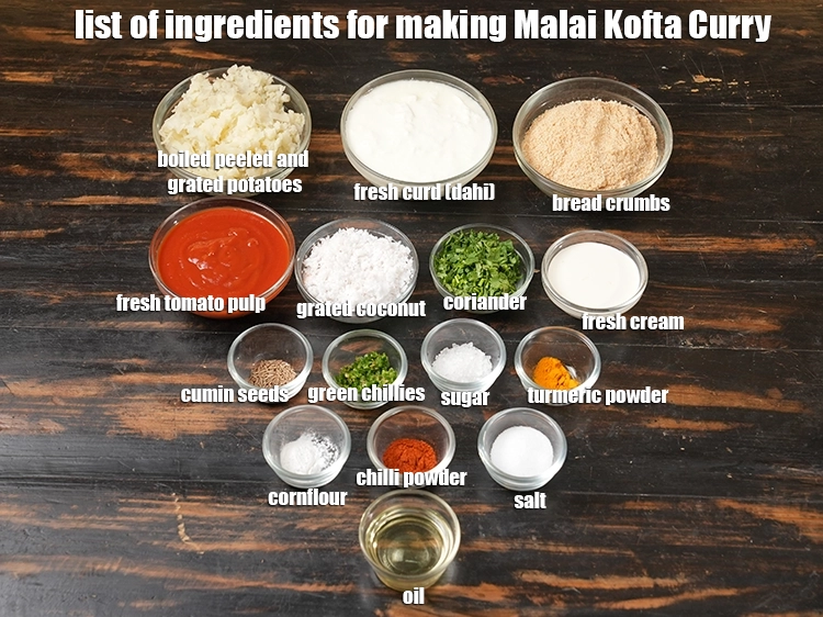 Step 1 – <p><i><strong>મલાઈ કોફ્તા કરી</strong> બનાવવા માટેની સામગ્રીની યાદી નીચે આપેલ છબીમાં જુઓ.</i></p>