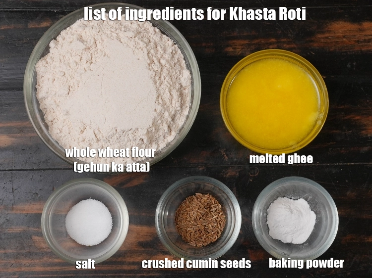 Step 1 – <p><i><strong>ખાસ્તા રોટલી</strong> બનાવવા માટેની સામગ્રીની યાદી નીચે આપેલ છબીમાં જુઓ.</i></p>