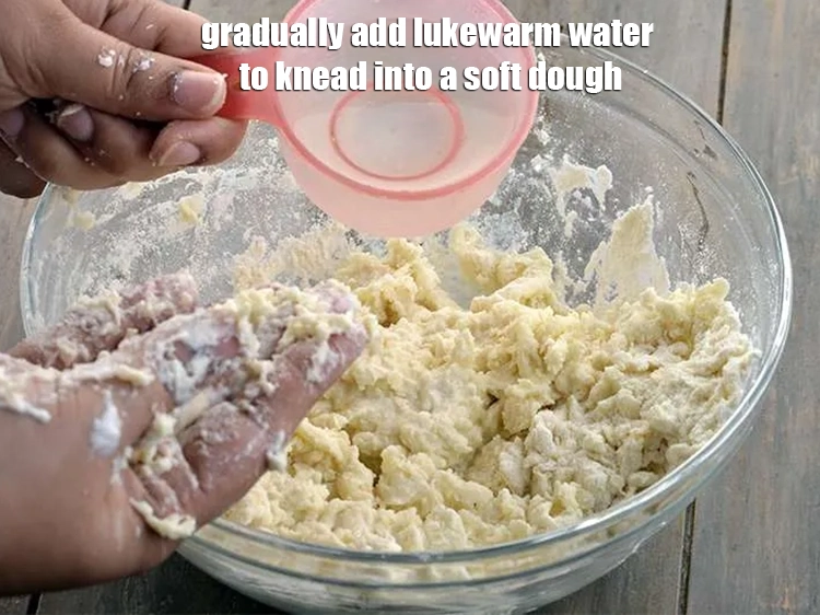Step 12 – <p>ધીમે ધીમે હૂંફાળું પાણી ઉમેરીને નરમ કણકમાં ભેળવો. વધારે પાણી ઉમેરશો નહીં તો કણક ચીકણું …