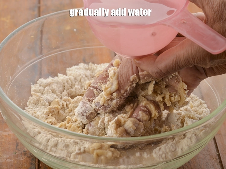 Step 5 – <p>ધીમે ધીમે <strong>પાણી</strong> ઉમેરો. મારી દાદી ભાખરીનો લોટ બનાવવા માટે દૂધનો ઉપયોગ કરે છે.</p>