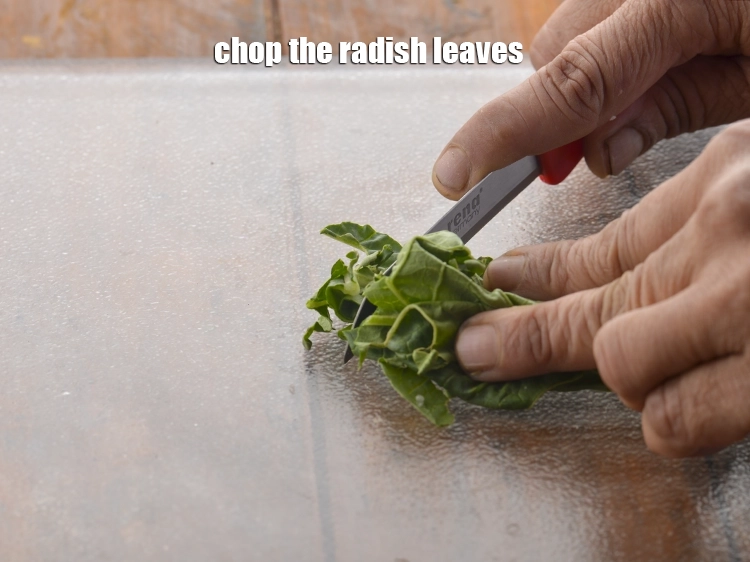 Step 5 – <p>તીક્ષ્ણ છરીનો ઉપયોગ કરીને, મૂળાના પાનને કાપી લો. ઘણા લોકો મૂળીના પત્તેનો રસોઈમાં ઉપયોગ જાણતા …