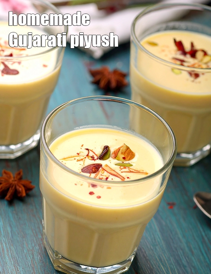 Step 11 – <p>4 અલગ-અલગ ગ્લાસમાં સમાન માત્રામાં <strong>પીયૂષ </strong>રેડો. પીસ્તા અને કેસરથી સજાવીને<strong> પીયૂષ | ઘરે બનાવેલ …