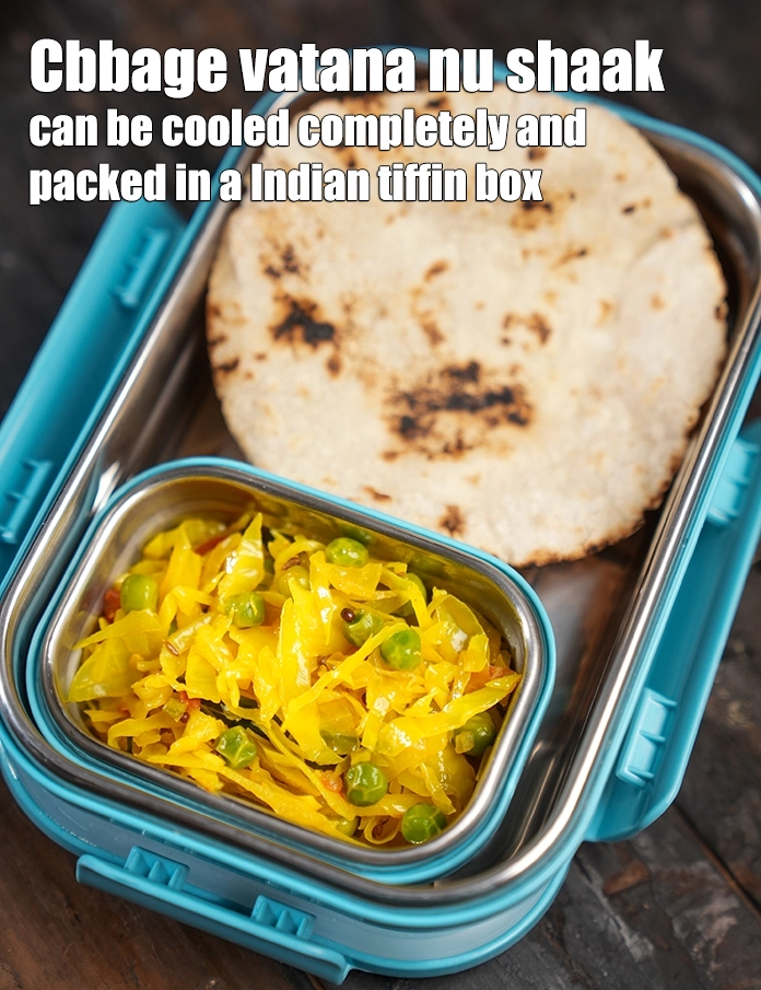 Step 21 – <p>કોબી વતન નુ શાકને સંપૂર્ણપણે ઠંડુ કરીને ભારતીય ટિફિન બોક્સ, ડબ્બામાં પેક કરી શકાય છે.</p>