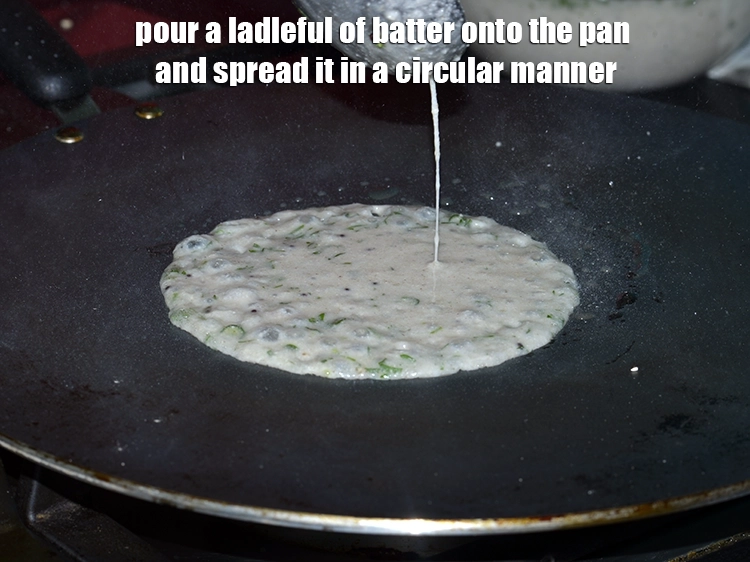 Step 13 – <p>પેન પર કરછલી ભરેલું ખીરું રેડો અને તેને ગોળાકાર રીતે પાથરી દો.</p>